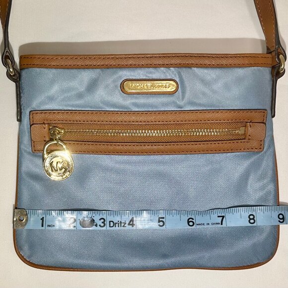 MICHAEL Michael Kors MK Kempton Powder Blue Nylon & Brown Leather Crossbody Bag - Picture 13 of 14